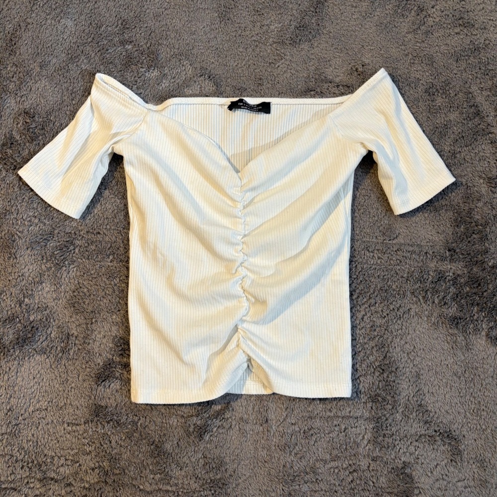 Bershka‎ Womens White Ribbed Ruched Off The Shoulder Short Sleeve Top Size S